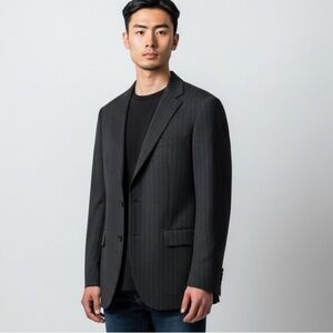 TAKEO KIKUCHI black Pinstripe blazer Japanese designer wool Sport Coat jacket Lg